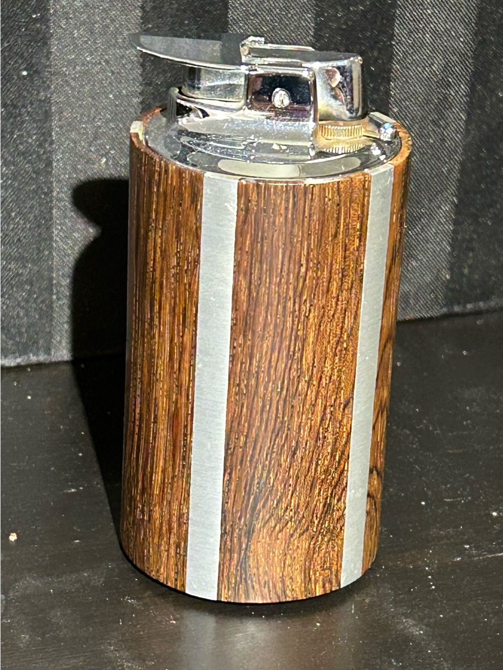 Vintage Ronson Varaflame SKOAL table lighter in walnut base & stainless steel